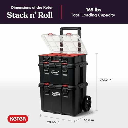 Keter Stack n' Roll toolbox with dimensions and 165 lbs capacity