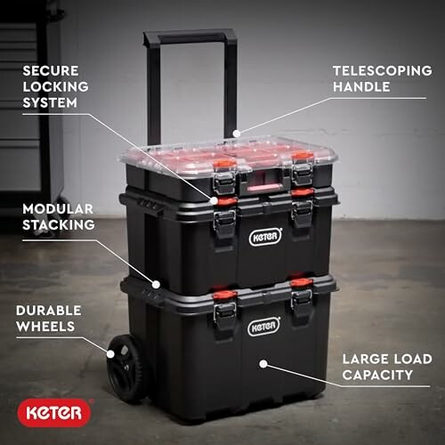 Keter tool storage box with telescoping handle and modular stacking.