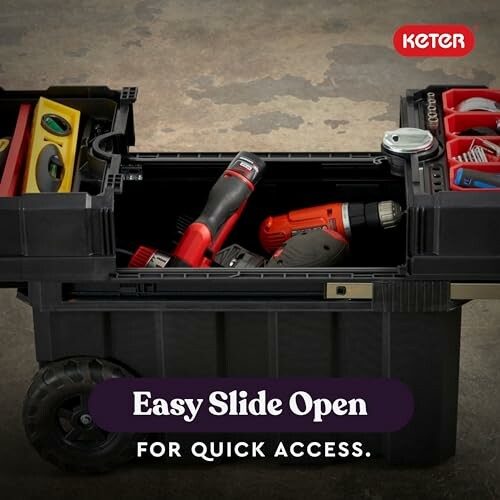 Keter toolbox open with tools inside, promoting easy slide access.