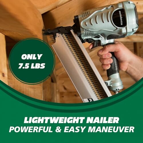 Hand holding a lightweight nailer, labeled only 7.5 lbs, in a wooden construction setting.