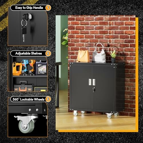 Lockable storage cabinet with keys, adjustable shelves, and 360-degree wheels.