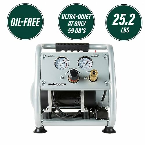 Metabo HPT oil-free air compressor with gauges and features highlighted