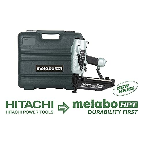 Metabo HPT nailer and carrying case with Hitachi branding.