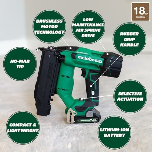 Metabo nailer showcasing features like brushless motor, air spring drive, no-mar tip, and lithium-ion battery.