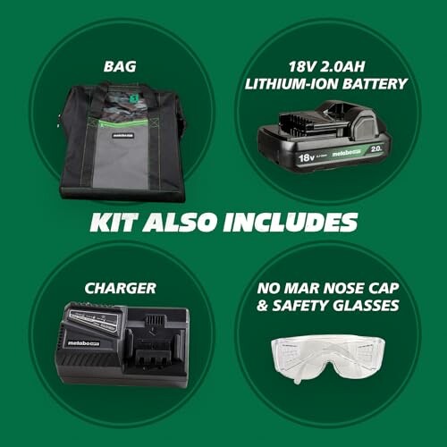 Metabo tool kit contents: bag, 18V 2.0Ah lithium-ion battery, charger, no mar nose cap, safety glasses.