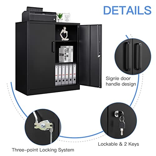 Metal storage cabinet with single door handle, three-point locking system, and two keys.