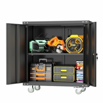 Metal storage cabinet with tools and equipment on shelves.