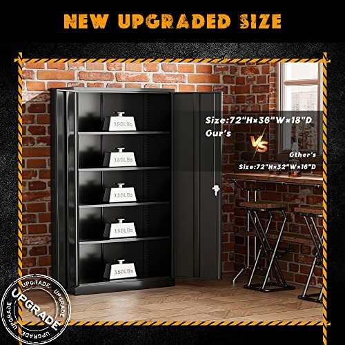 Metal storage cabinet with upgraded size comparison against brick wall background.