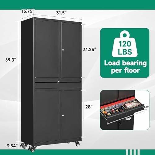 Black metal storage cabinet with dimensions and load bearing capacity