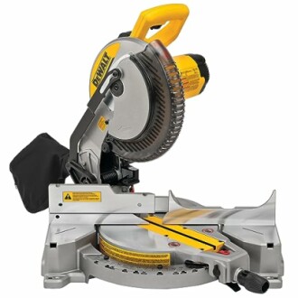 Miter saw with a yellow and black handle on a base.