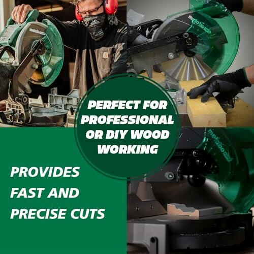 Miter saw used for woodworking with text: Perfect for professional or DIY woodworking. Provides fast and precise cuts.