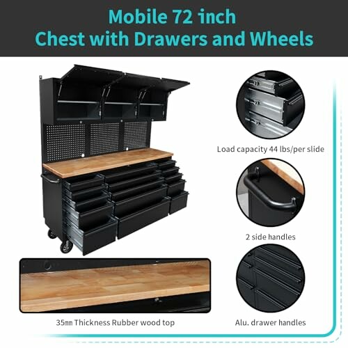 Mobile 72 inch tool chest with drawers and wheels.