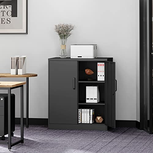 Office storage cabinet with shelves and a printer on top.