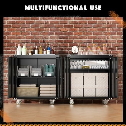 Multifunctional storage cabinet with various items in front of brick wall.