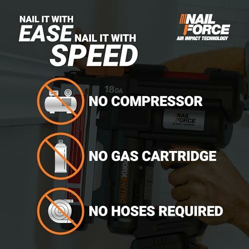 Nail Force air impact technology, no compressor, gas cartridge, or hoses required.