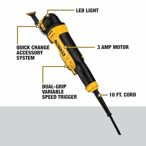 Oscillating tool with labeled features including LED light, quick change accessory system, 3 amp motor, dual-grip variable speed trigger, and 10 ft. cord.