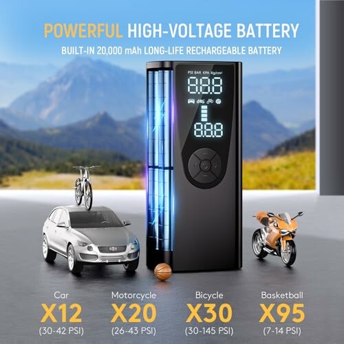 Portable high-voltage battery with performance stats for car, motorcycle, bicycle, and basketball.