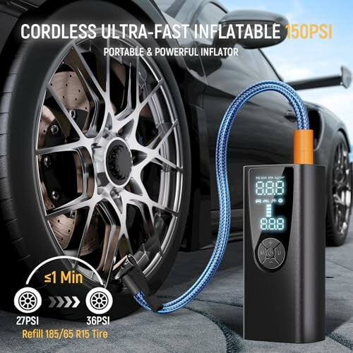 Portable tire inflator with digital display next to car tire.