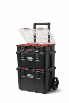 Stacked black and red portable tool storage box with wheels and handle.