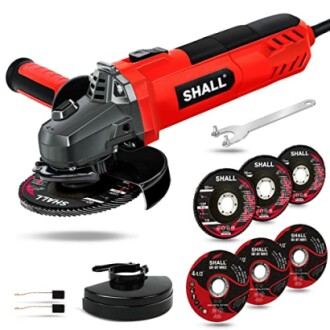 Red and black angle grinder set with discs and accessories.