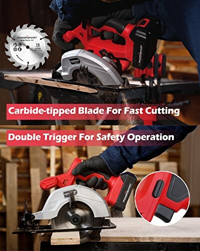 Power saw with carbide-tipped blade and safety features.