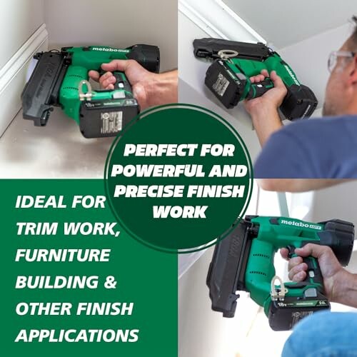 Collage of a person using a green finish nailer for trim and furniture work.