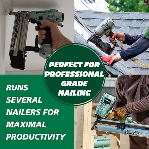 Collage of professional nailing tools in use for construction.