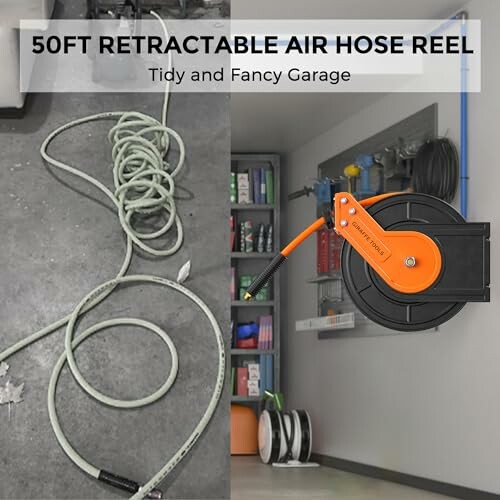 Retractable air hose reel in a tidy garage setting.