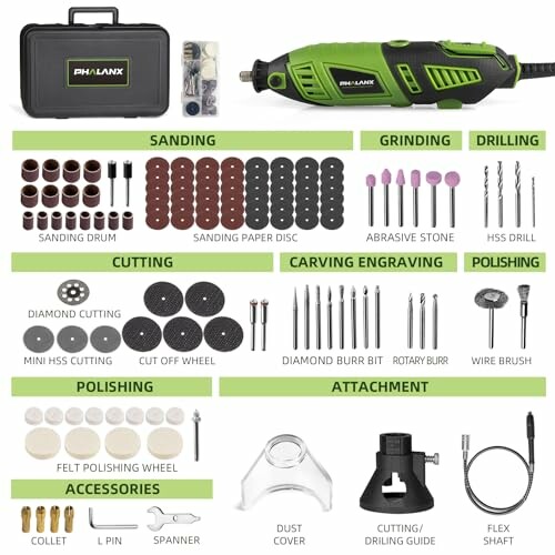 Rotary tool kit with various accessories for sanding, grinding, drilling, cutting, carving, and polishing.