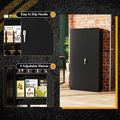 Black storage cabinet with easy grip handle and four adjustable shelves.