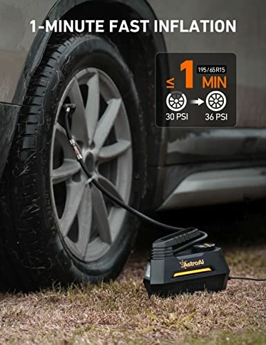 Portable tire inflator in use on a car tire, highlighting fast inflation feature.