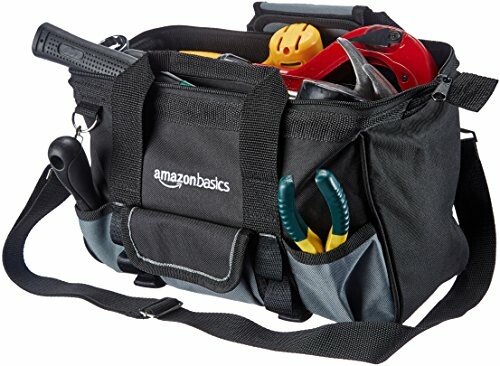 Black tool bag with various tools visible, including pliers and a hammer.