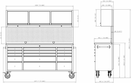 Technical drawing of a tool chest with dimensions.