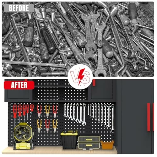 Before and after image of organized tools on a pegboard.