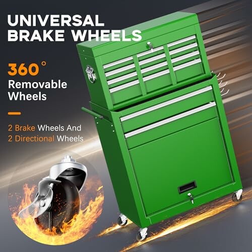 A green toolbox with universal brake wheels and removable wheel advertisement.