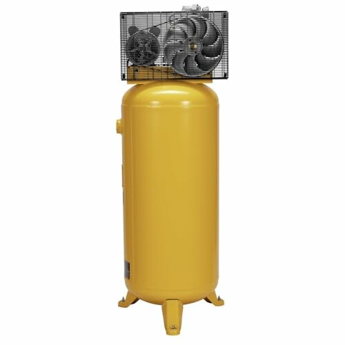 Yellow vertical air compressor with fan unit on top