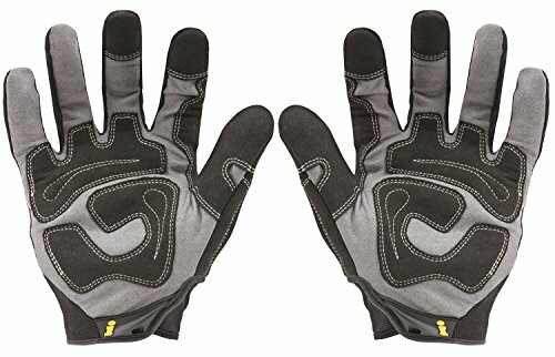 Pair of black and gray safety gloves with reinforced stitching.