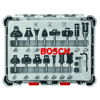 Bosch router bit set with 15 pieces in a transparent case.