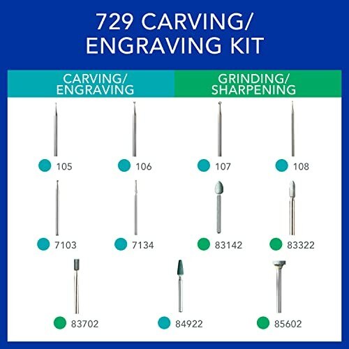 729 Carving/Engraving Kit showing tools for carving, engraving, grinding, and sharpening.