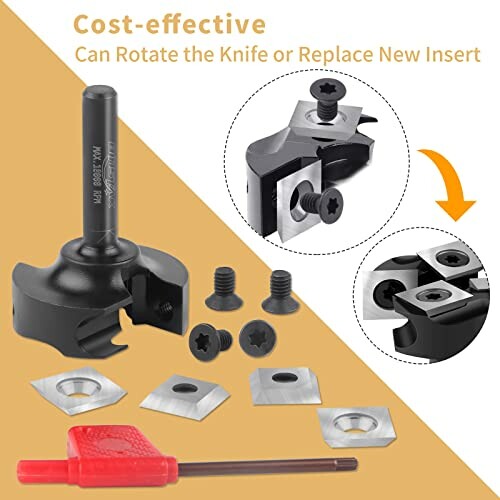 Router bit kit with replaceable inserts and tools.