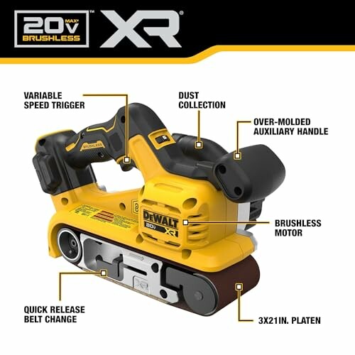 DeWalt 20V XR brushless belt sander with features labeled.