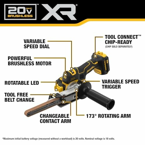 DeWalt angle grinder with labeled features including brushless motor, rotatable LED, variable speed dial, tool-free belt change, chip-ready tool connect, variable speed trigger, changeable contact arm, and 173-degree rotating arm.