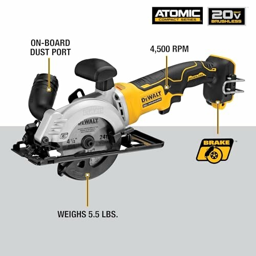 Dewalt 20V brushless circular saw with specs labeled.