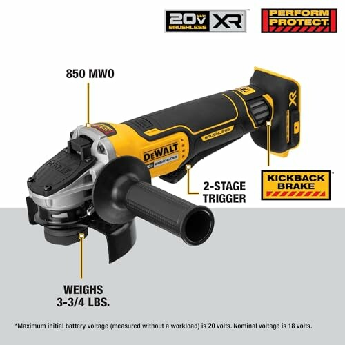 DeWalt cordless angle grinder with features labeled.