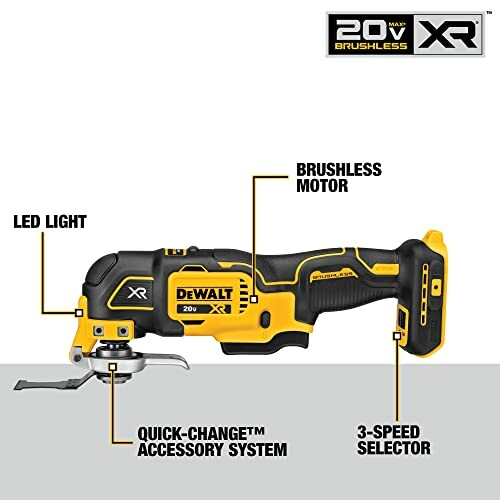 DeWalt cordless oscillating tool with brushless motor, LED light, quick-change accessory system, and 3-speed selector.