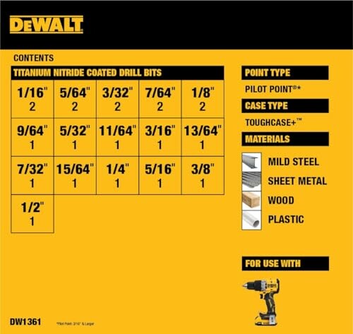 DeWalt drill bit set chart with sizes and materials.