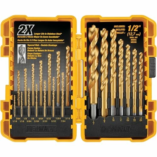 DeWalt drill bit set in a yellow case with various sizes.