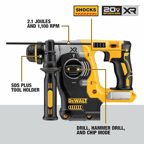 DeWalt XR drill with features labeled: 2.1 joules, 1100 RPM, SDS plus tool holder, drill modes.