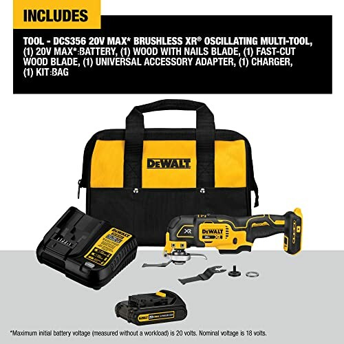 DeWalt oscillating tool kit with bag, charger, blades, and battery.