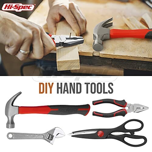 DIY hand tools including hammer, pliers, wrench, and scissors.